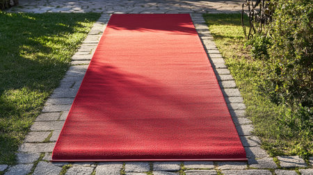 A striking red carpet creates a luxurious pathway in a tranquil garden, flanked by lush green grass and stone paving, perfect for events or outdoor gatherings.の素材