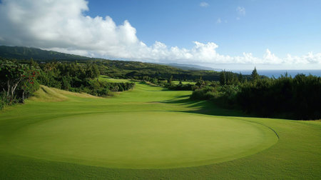 This stunning golf course landscape captures the beauty of nature with rolling hills, lush greenery, and a bright blue sky, perfect for outdoor recreation.の素材