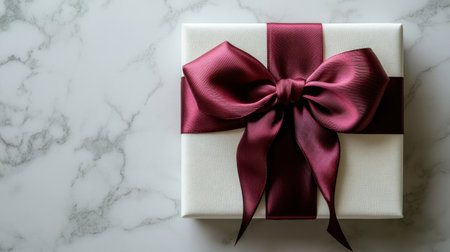 An elegant gift wrapped in white with a luxurious burgundy ribbon. This image evokes feelings of celebration, joy, and thoughtful giving for any special occasion.の素材