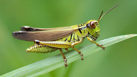 This stunning close-up photograph captures a vibrant green grasshopper perched on a blade of grass. The lush background enhances the natural habitat, showcasing intricate details of the insect's body and antennae.の素材