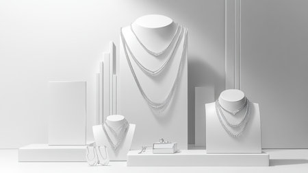 This captivating image showcases a stunning arrangement of silver jewelry on a smooth white background. The elegant design highlights necklaces, earrings, and rings, creating a perfect visual for fashion lovers and lifestyle brands.の素材