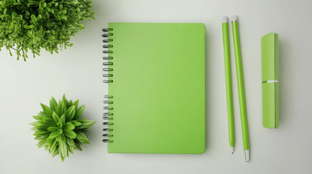This image showcases a vibrant green notebook, pens, and a plant arranged neatly on a white background, perfect for inspiring creativity and organization.の素材