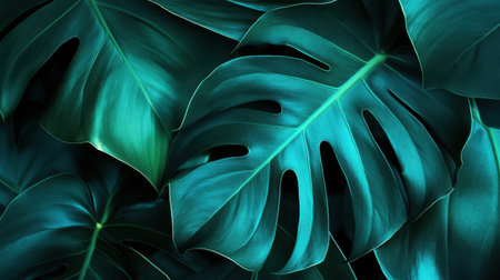 This captivating image features vibrant monstera leaves in rich green and teal hues, perfect for evoking a tropical and serene atmosphere in any design.の素材