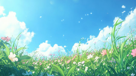 A beautiful flower meadow filled with colorful blossoms under a bright blue sky dotted with fluffy clouds, capturing the essence of a serene spring or summer day.の素材
