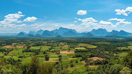 Breathtaking panoramic view showcasing lush green fields contrasting with majestic mountains beneath a clear blue sky filled with fluffy clouds.の素材