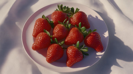 A beautifully arranged plate of fresh red strawberries basking in natural light, showcasing their vibrant color and glossy texture against a soft background.の素材
