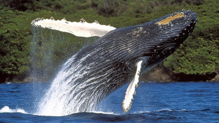 A stunning image of a humpback whale breaching the surface of the ocean, showcasing its powerful presence and the beauty of marine wildlife in a lush setting.の素材