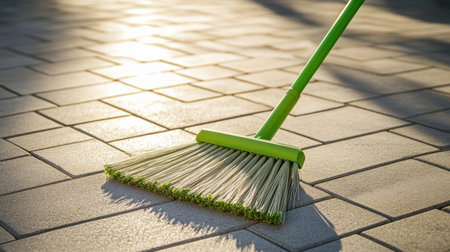 A green broom rests on a paved surface, illuminated by warm sunlight, symbolizing cleanliness and meticulous home maintenance during sunny days.の素材