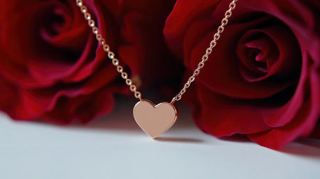 This elegant heart pendant necklace is beautifully showcased against vibrant red roses, making it perfect for romantic gifts. The charming combination exudes love and elegance.の素材