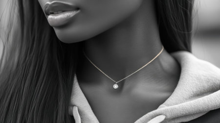 Stunning monochrome close-up of a woman showcasing a delicate necklace, emphasizing beauty and elegance in a stylish and modern context.の素材