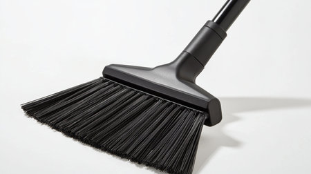 This image features a sleek black broom designed for effective cleaning, perfect for removing dust and debris from various surfaces in home and work settings.の素材