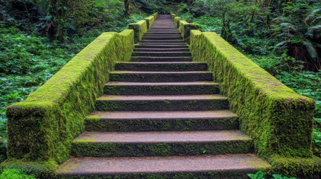 Moss-covered stone steps wind upwards through a vibrant forest, inviting exploration and offering a glimpse into natureの素材