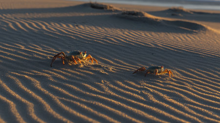 Two colorful crabs move gracefully across the wet sand, creating dynamic contrasts against vibrant sunset hues. Gentle waves ripple nearby, enhancing tranquil coastal ambiance.の素材