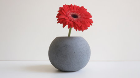 A stunning red gerbera daisy elegantly placed in a sleek grey concrete vase, creating a beautiful focal point in a minimalist space.の素材