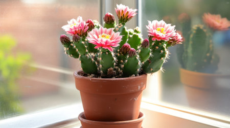 A stunning cactus plant adorned with bright pink flowers sits in a terracotta pot by a sunny window, bringing vibrant beauty and freshness to an indoor space.の素材