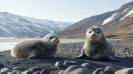 A stunning view featuring two seals resting on a rocky shore, surrounded by a breathtaking landscape of mountains and a clear blue sky, capturing the beauty of wildlife.の素材