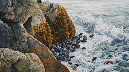 A tranquil coastal scene showcasing a rocky shore adorned with shells and seaweed, complemented by gentle ocean waves for a serene atmosphere.の素材