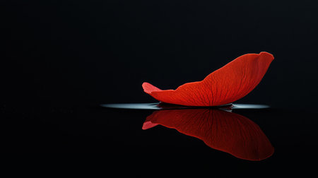 A vibrant red petal gracefully floats on a calm surface of water, set against a dark background. The smooth reflection creates a peaceful atmosphere, highlighting the petal's delicate details and vibrant color. This image captures the essence of tranquility and natural beauty, evoking emotions of serenity and elegance.の素材