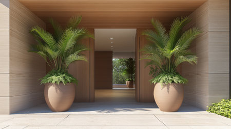 This image showcases a stylish modern entrance featuring prominent large planters filled with lush greenery. The warm wood design enhances the tranquil ambiance.の素材