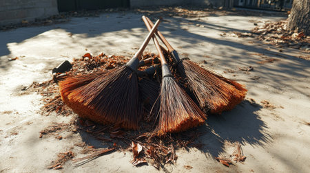 A collection of rustic brooms arranged on a leaf-covered ground, illuminated by warm autumn sunlight, creating a peaceful outdoor scene.の素材