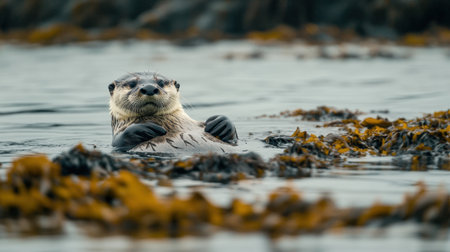 A captivating sea otter gracefully floats amidst a lush bed of seaweed, showcasing its unique features and playful demeanor in a tranquil ocean setting.の素材