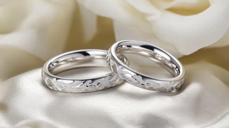 Stunning silver wedding rings elegantly placed on soft satin fabric, surrounded by delicate roses, representing love, commitment, and timeless beauty.の素材