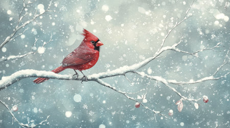 A stunning red cardinal elegantly perches on a snow-covered branch, surrounded by soft falling snowflakes, embodying winter's serene beauty and tranquility.の素材