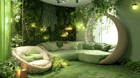 This inviting living room features lush greenery and soft textures, creating a serene oasis. The cozy seating and natural decor invite relaxation and comfort.の素材
