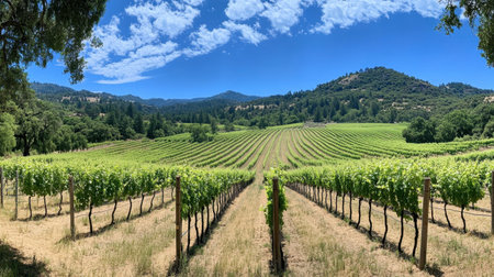 A stunning vineyard landscape showcases neat rows of grapevines under a bright blue sky with soft clouds. Rolling hills complete the serene countryside scene.の素材