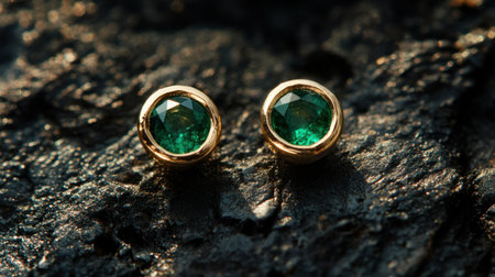 A stunning pair of green gemstone earrings set in gold, beautifully showcased on a textured dark surface. The soft lighting highlights their elegant design.の素材
