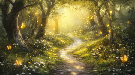 A captivating view of an enchanting forest pathway illuminated by soft light and filled with fluttering butterflies, creating a serene nature scene.の素材