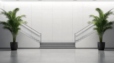 This image showcases a modern and minimalist interior featuring a stylish staircase framed by lush green plants, creating a tranquil and inviting atmosphere.の素材