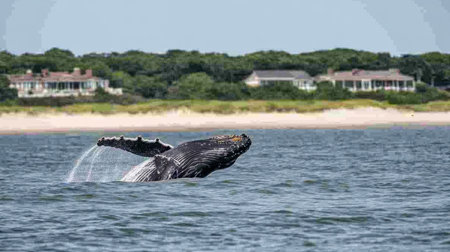 A magnificent humpback whale breaches the surface of the ocean, showcasing its size and grace while coastal homes overlook a serene beach setting.の素材