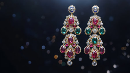 This stunning image showcases a pair of vintage earrings adorned with exquisite rubies, emeralds, and diamonds, brilliantly illuminated against a dark backdrop.の素材