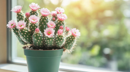 A striking cactus adorned with vibrant pink flowers sits in a green pot by a window, basking in soft sunlight and adding charm to any indoor setting.の素材