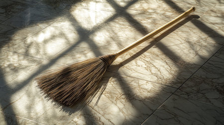 A natural bristle broom rests gracefully on a polished marble floor, illuminated by soft morning light. Long shadows create a serene atmosphere, emphasizing the beauty of simplicity and cleanliness.の素材