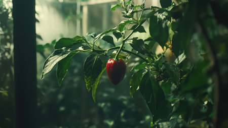 A striking image of a fresh red pepper hanging from a lush green plant in a greenhouse, illuminated by soft sunlight that highlights its vibrant colors.の素材