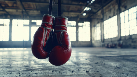 A pair of red boxing gloves dangles in an abandoned gym, showcasing a gritty training environment with textured surfaces and dramatic lighting.の素材