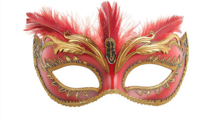 This elegant red mask features exquisite feathers and gold accents, perfect for enhancing the atmosphere of any festive celebration or costume party.の素材