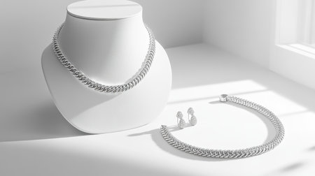 This elegant silver jewelry display features a chain necklace and matching earrings on a minimalist background, showcasing its beauty and craftsmanship.の素材
