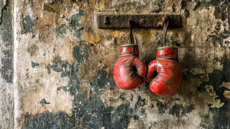 A pair of vintage red boxing gloves hangs against a beautifully textured wall, showcasing peeling paint and rustic charm, perfect for sports enthusiasts.の素材