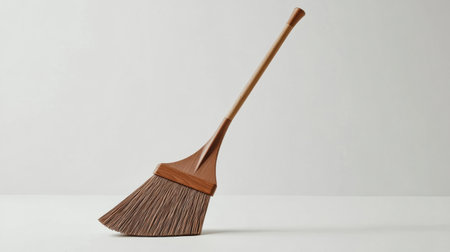A beautifully crafted wooden broom featuring fine bristles, ideal for cleaning and home decoration, showcased against a minimalist background.の素材