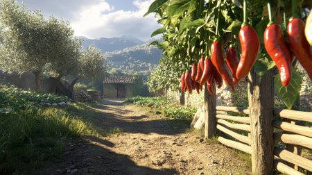 This picturesque rural landscape features bright red chili peppers hanging from branches, framed by lush greenery and majestic mountains. A dirt path leads to a charming farmhouse, creating a serene and inviting atmosphere.の素材