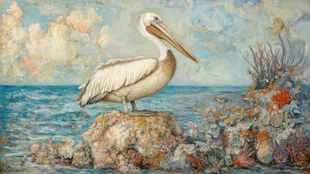 This beautiful artwork features a pelican resting on a rocky shoreline, surrounded by colorful coral and a tranquil ocean, creating a serene coastal scene.の素材