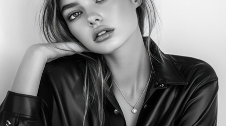 This striking black and white portrait captures the beauty and elegance of a young woman with a contemplative expression, showcasing her style and charm.の素材