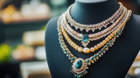This image features an elegant arrangement of premium gemstone necklaces displayed on a stylish mannequin in a jewelry store, showcasing luxury and design.の素材