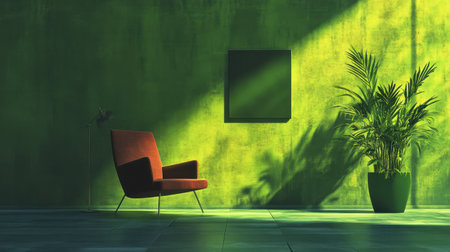 This image showcases a modern living space with vibrant green walls, a striking red chair, and a lush plant, creating an inviting atmosphere filled with natural light.の素材