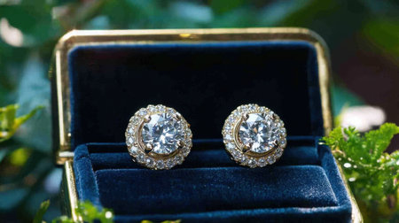 Captivating image of elegant diamond earrings nestled in a blue velvet box, surrounded by lush greenery, highlighting luxury and beauty in fashion accessories.の素材