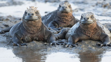 A captivating scene featuring three reptiles sunbathing in shallow water along a muddy shoreline. This tranquil image showcases their unique features and serene habitat.の素材