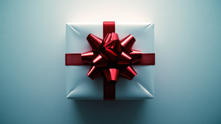 This image features an elegantly wrapped gift box adorned with a vibrant red ribbon and bow, set against a soft blue background, perfect for celebrations.の素材